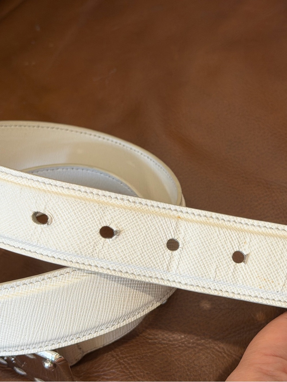 Prada Cream Saffiano Leather Womens Belt with Silver Plaque - Picture 3 of 10